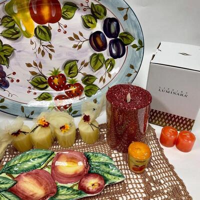 Home Decor Lot - Black Forest Fruits Platter, Majolica Fruit Serving Dish, Luminara Candles, Doily, Votive Candles