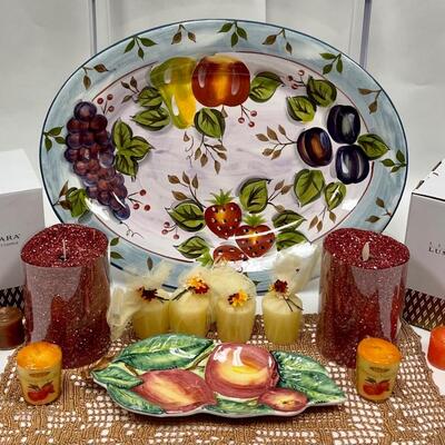 Home Decor Lot - Black Forest Fruits Platter, Majolica Fruit Serving Dish, Luminara Candles, Doily, Votive Candles
