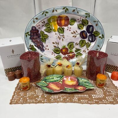 Home Decor Lot - Black Forest Fruits Platter, Majolica Fruit Serving Dish, Luminara Candles, Doily, Votive Candles