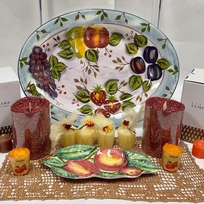 Home Decor Lot - Black Forest Fruits Platter, Majolica Fruit Serving Dish, Luminara Candles, Doily, Votive Candles