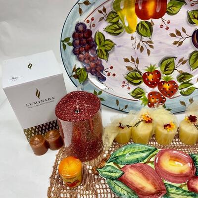 Home Decor Lot - Black Forest Fruits Platter, Majolica Fruit Serving Dish, Luminara Candles, Doily, Votive Candles