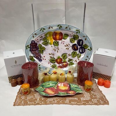 Home Decor Lot - Black Forest Fruits Platter, Majolica Fruit Serving Dish, Luminara Candles, Doily, Votive Candles