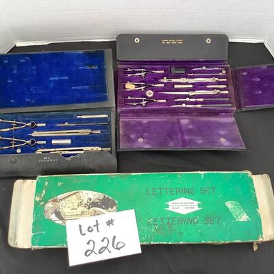 226. Antique Charvoz Drawing Instrument Set/ Vintage Charles Bruning Co. Drawing Instrument Set/Vintage Lettering Set