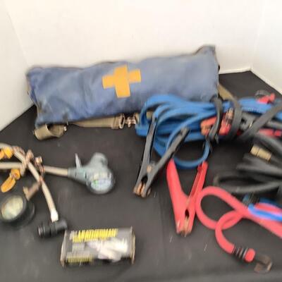 227 Vintage First Aid Pack, Jumper Cables, Hose, Gauge, Bungee Cord