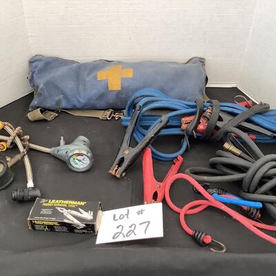 227 Vintage First Aid Pack, Jumper Cables, Hose, Gauge, Bungee Cord