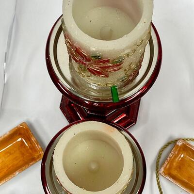 Holiday Lot - Gingerbread-Man & Gingerbread-Lady Ceramic Serving Platters, Red Candleholders with Candles, etc