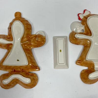 Holiday Lot - Gingerbread-Man & Gingerbread-Lady Ceramic Serving Platters, Red Candleholders with Candles, etc