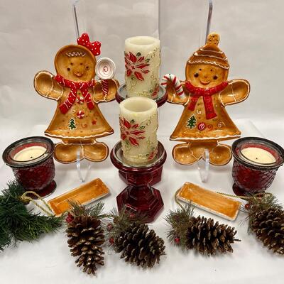 Holiday Lot - Gingerbread-Man & Gingerbread-Lady Ceramic Serving Platters, Red Candleholders with Candles, etc
