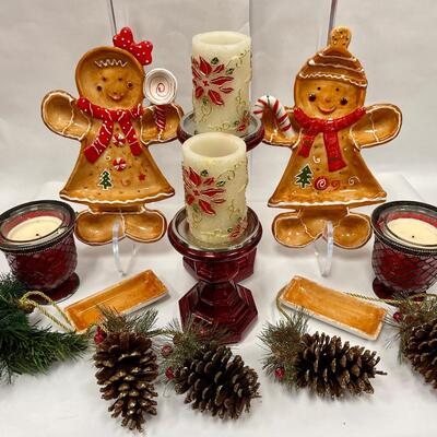 Holiday Lot - Gingerbread-Man & Gingerbread-Lady Ceramic Serving Platters, Red Candleholders with Candles, etc