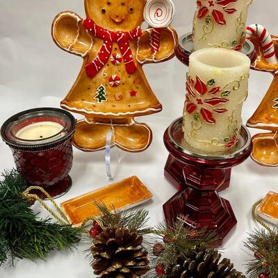 Holiday Lot - Gingerbread-Man & Gingerbread-Lady Ceramic Serving Platters, Red Candleholders with Candles, etc