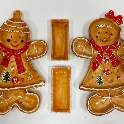 Holiday Lot - Gingerbread-Man & Gingerbread-Lady Ceramic Serving Platters, Red Candleholders with Candles, etc