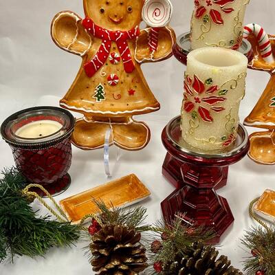 Holiday Lot - Gingerbread-Man & Gingerbread-Lady Ceramic Serving Platters, Red Candleholders with Candles, etc