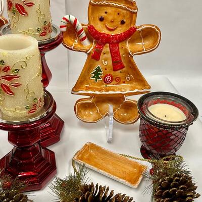 Holiday Lot - Gingerbread-Man & Gingerbread-Lady Ceramic Serving Platters, Red Candleholders with Candles, etc