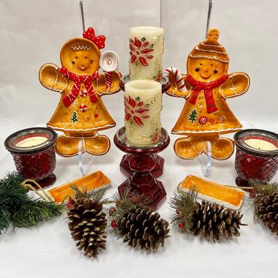 Holiday Lot - Gingerbread-Man & Gingerbread-Lady Ceramic Serving Platters, Red Candleholders with Candles, etc