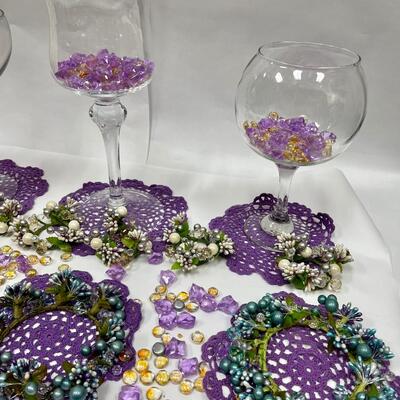 Purple Home Decor Lot - Clear Glass Containers, Dollies, Wreath Trim, Decorative Marbles, Napkin Rings, & More