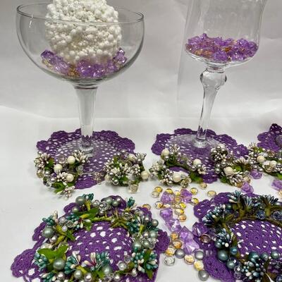 Purple Home Decor Lot - Clear Glass Containers, Dollies, Wreath Trim, Decorative Marbles, Napkin Rings, & More