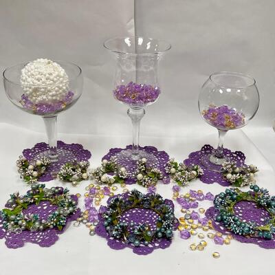 Purple Home Decor Lot - Clear Glass Containers, Dollies, Wreath Trim, Decorative Marbles, Napkin Rings, & More