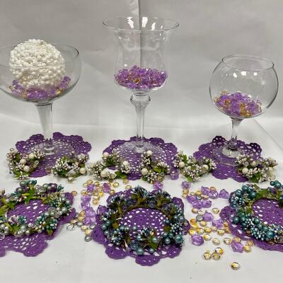Purple Home Decor Lot - Clear Glass Containers, Dollies, Wreath Trim, Decorative Marbles, Napkin Rings, & More