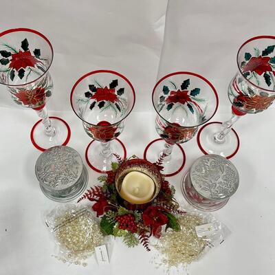 Christmas Holiday Decor Lot - Glass Hurricane Candleholders with Poinsettias, Jar Candles, Centerpiece Candle Holder, & More
