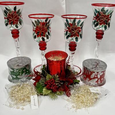 Christmas Holiday Decor Lot - Glass Hurricane Candleholders with Poinsettias, Jar Candles, Centerpiece Candle Holder, & More
