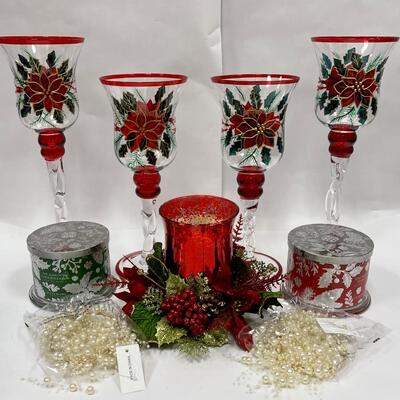 Christmas Holiday Decor Lot - Glass Hurricane Candleholders with Poinsettias, Jar Candles, Centerpiece Candle Holder, & More