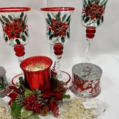 Christmas Holiday Decor Lot - Glass Hurricane Candleholders with Poinsettias, Jar Candles, Centerpiece Candle Holder, & More