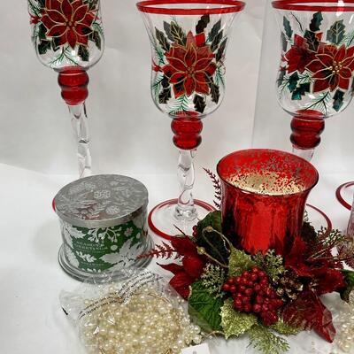 Christmas Holiday Decor Lot - Glass Hurricane Candleholders with Poinsettias, Jar Candles, Centerpiece Candle Holder, & More