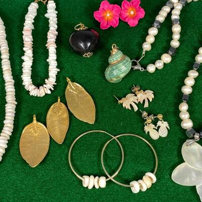 Large Lot of Beachy Hawaiian Style Jewelry Pukka Shell Abalone Necklaces Pendants Earrings