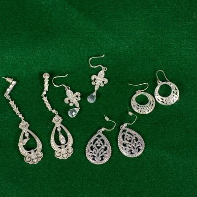 4 Pairs of Silver Tone Earrings Dangling Rhinestone