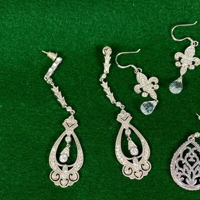 4 Pairs of Silver Tone Earrings Dangling Rhinestone