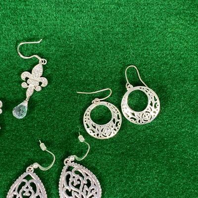 4 Pairs of Silver Tone Earrings Dangling Rhinestone
