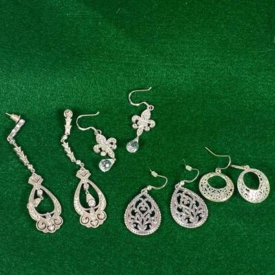 4 Pairs of Silver Tone Earrings Dangling Rhinestone