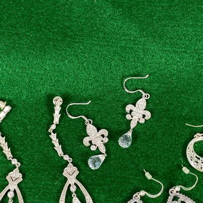 4 Pairs of Silver Tone Earrings Dangling Rhinestone