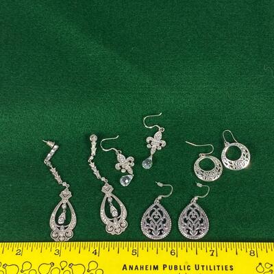 4 Pairs of Silver Tone Earrings Dangling Rhinestone