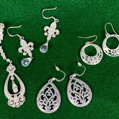 4 Pairs of Silver Tone Earrings Dangling Rhinestone