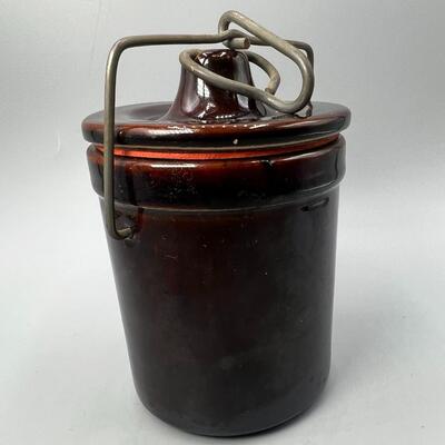 Vintage Pottery Crock Canister with Metal Latch Sealing Lid