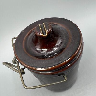 Vintage Pottery Crock Canister with Metal Latch Sealing Lid