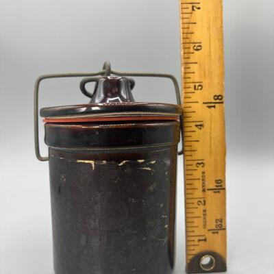 Vintage Pottery Crock Canister with Metal Latch Sealing Lid