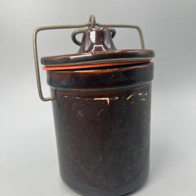 Vintage Pottery Crock Canister with Metal Latch Sealing Lid
