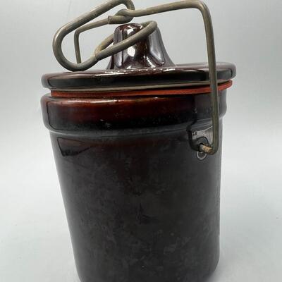 Vintage Pottery Crock Canister with Metal Latch Sealing Lid