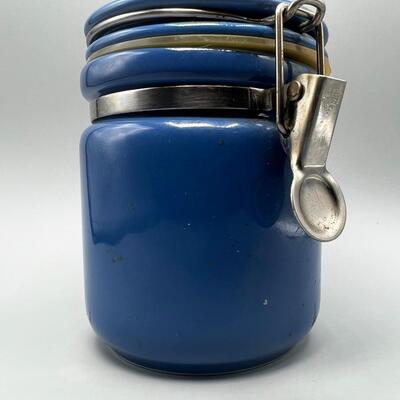 Small Blue Ceramic Canister Crock with Latching Sealing Lid
