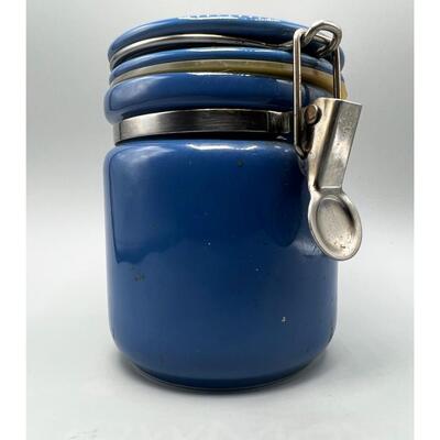 Small Blue Ceramic Canister Crock with Latching Sealing Lid
