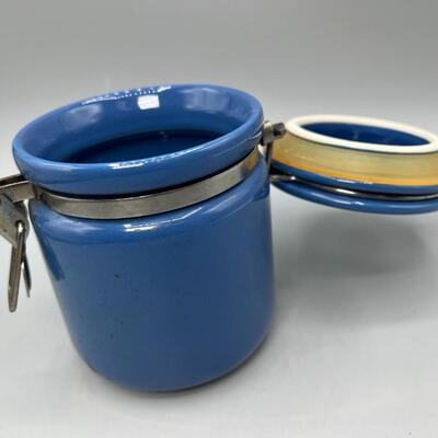 Small Blue Ceramic Canister Crock with Latching Sealing Lid