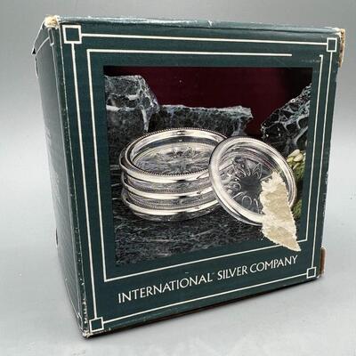 Retro International Silver Company Set of 4 Silver Plated Glass Coasters