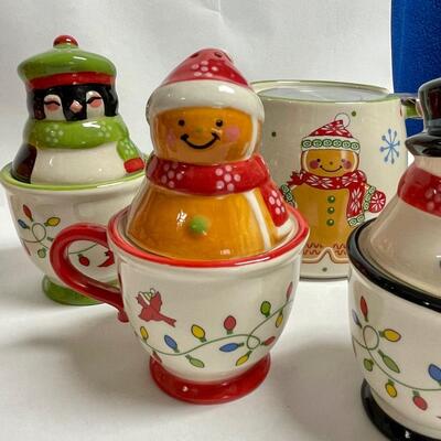 Ceramic Temptations by Tara Lot of Salt & Pepper sets - Gingerbread couple, Snowman couple, Moose & Penguin - plus teapots