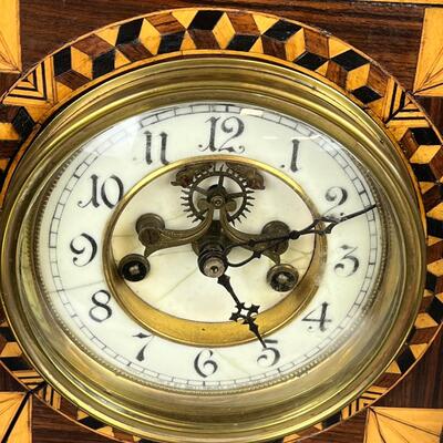 830  Folk-Art Inlay Open Escapement/Enamel Face Mantle Clock