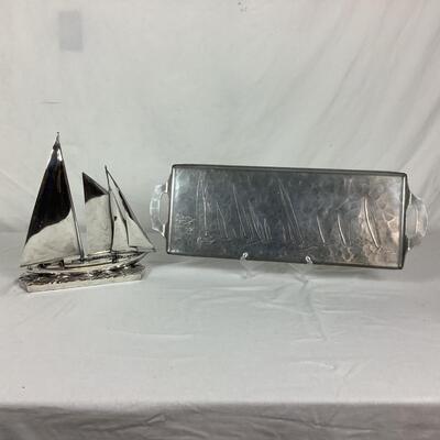 833  Wendell August Hammered Aluminum Tray & Silver Plate Sailboat Decor