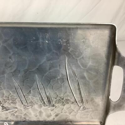 833  Wendell August Hammered Aluminum Tray & Silver Plate Sailboat Decor