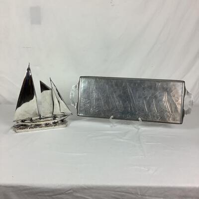 833  Wendell August Hammered Aluminum Tray & Silver Plate Sailboat Decor