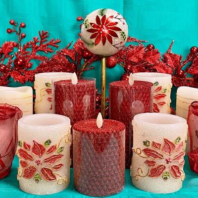 Poinsettia Decor Lot - Holiday Christmas Candles, Trim, etc